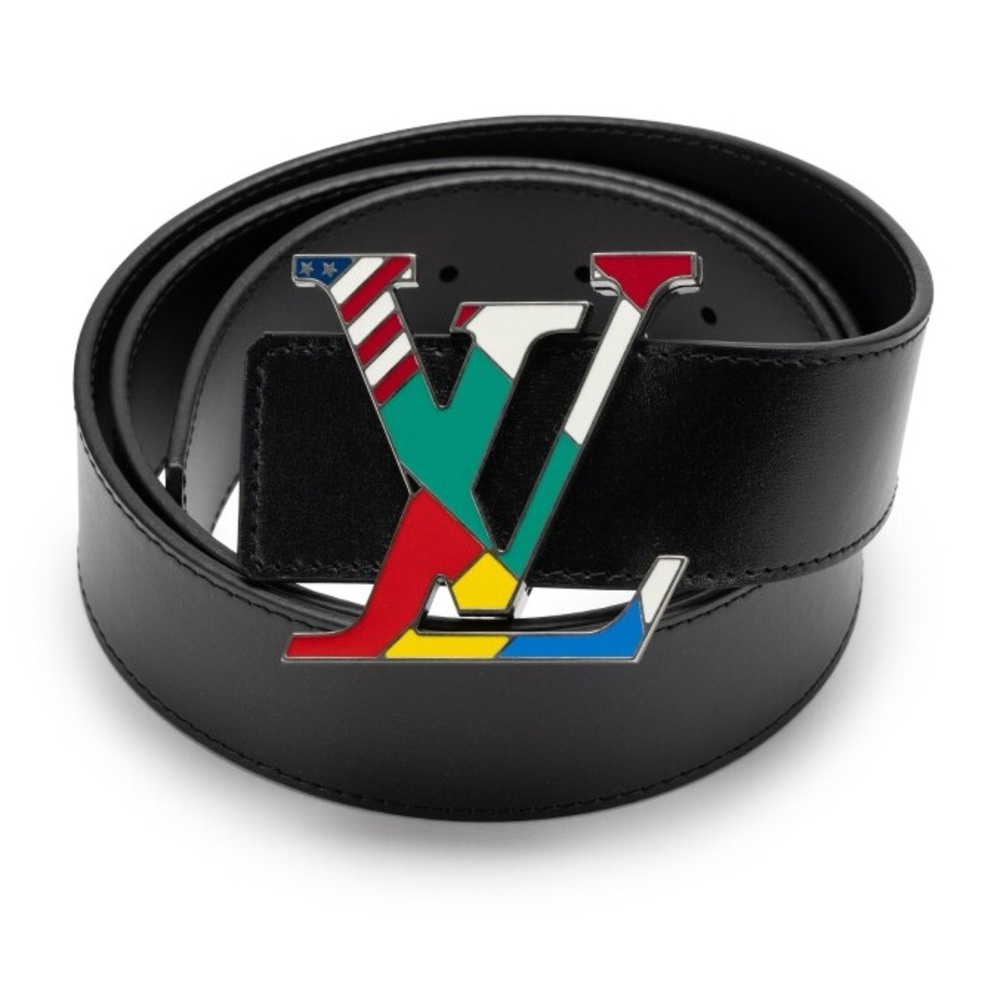 LOUIS VUITTON NEW BLACK LEATHER BELT WITH FLAG BUCKLE SIZE 100. Unisex 🔥